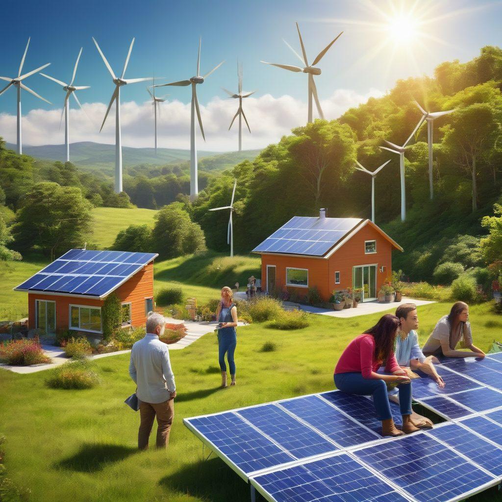 A vibrant community working together on sustainable energy projects, featuring solar panels, wind turbines, and green rooftops. Include diverse individuals of various ages and backgrounds collaborating enthusiastically. Bright, sunny day with lush greenery around. Emphasize innovation and unity. super-realistic. vibrant colors.