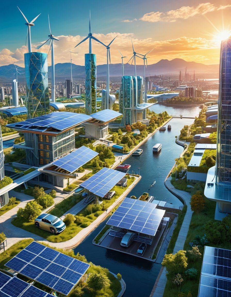 A futuristic cityscape powered by an interconnected network of solar panels, wind turbines, and hydropower plants, showcasing green rooftops and electric vehicles. Engineers and scientists collaborate in a vibrant digital environment illustrating innovation and teamwork towards sustainability. A radiant sun and lush landscape symbolize renewable energy. digital painting. vibrant colors. eco-futuristic style.