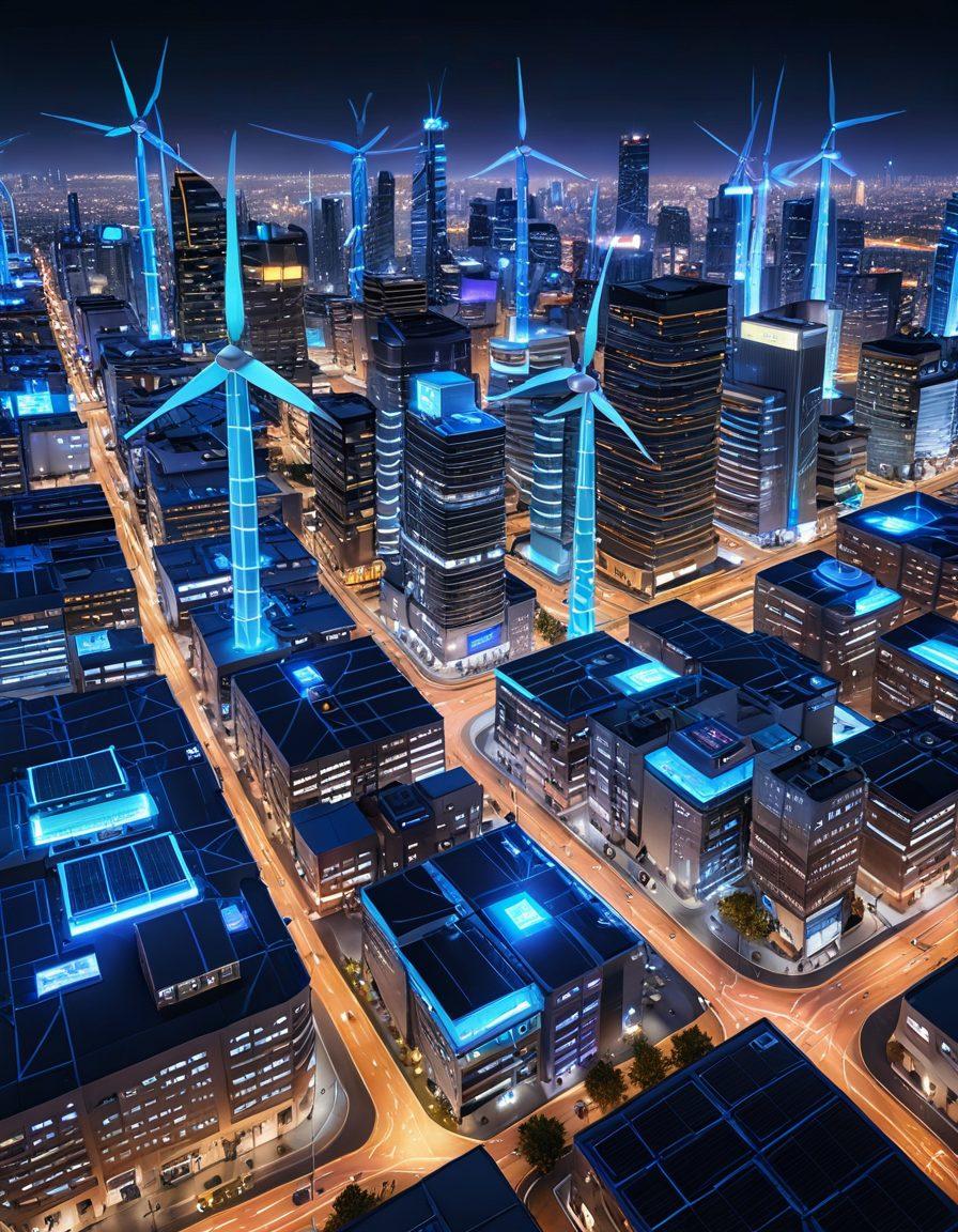 A futuristic cityscape powered by smart grids and decentralized energy systems; visible smart meters on buildings, a flow of electricity depicted with glowing lines, solar panels on rooftops, and wind turbines in the background. A central control hub with holographic interface showing real-time data analytics. super-realistic. vibrant colors. 3D.